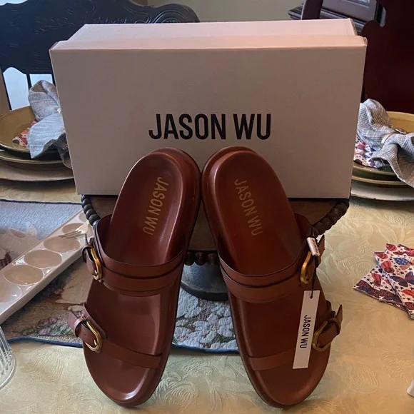 Jason Wu Rhonda Double Gold Buckle Slide Sandals - Picture 1 of 6